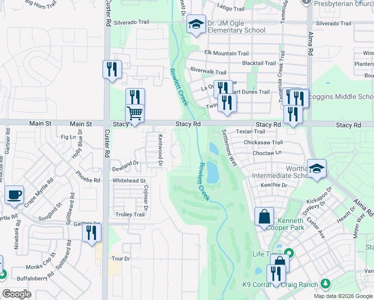 map of restaurants, bars, coffee shops, grocery stores, and more near 5201 Kentwood Drive in McKinney