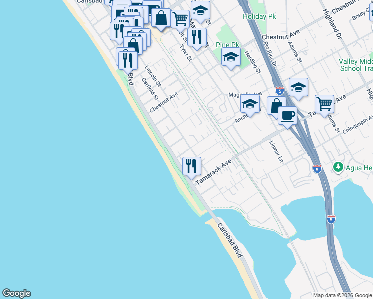 map of restaurants, bars, coffee shops, grocery stores, and more near 138 Juniper Avenue in Carlsbad