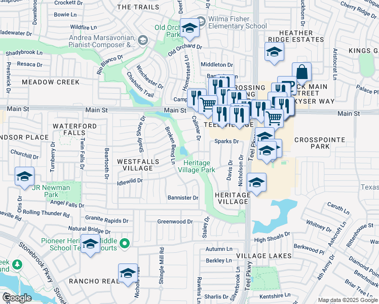 map of restaurants, bars, coffee shops, grocery stores, and more near 2450 Crystal Falls Drive in Frisco