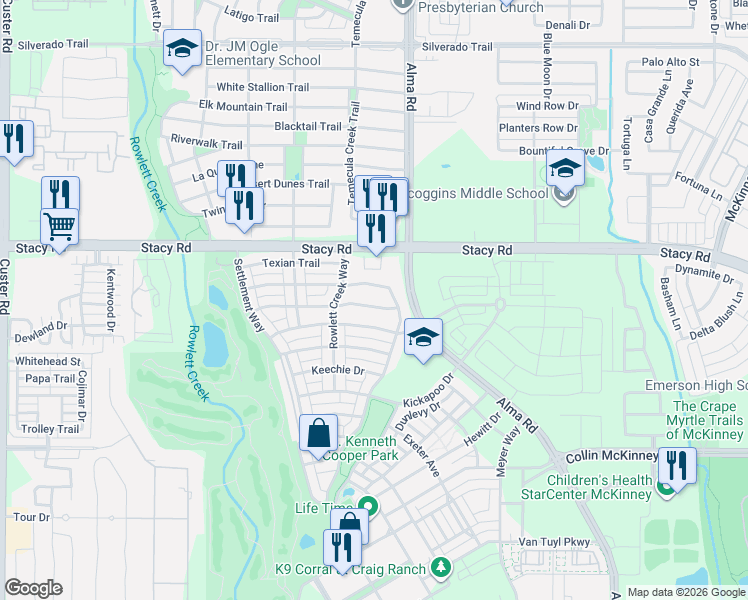 map of restaurants, bars, coffee shops, grocery stores, and more near 7616 Choctaw Lane in McKinney