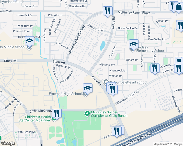 map of restaurants, bars, coffee shops, grocery stores, and more near 5998 West Stacy Road in McKinney