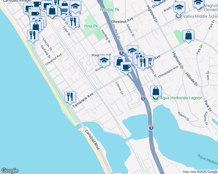 map of restaurants, bars, coffee shops, grocery stores, and more near 3918 Sheridan Place in Carlsbad