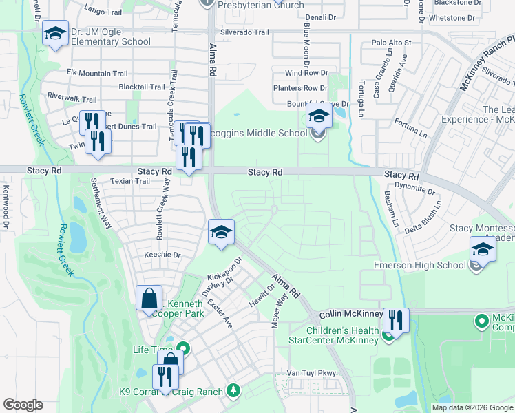 map of restaurants, bars, coffee shops, grocery stores, and more near 7109 Chief Spotted Tail Drive in McKinney