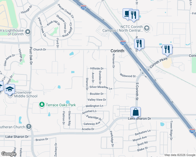 map of restaurants, bars, coffee shops, grocery stores, and more near 1816 Dundee Drive in Corinth