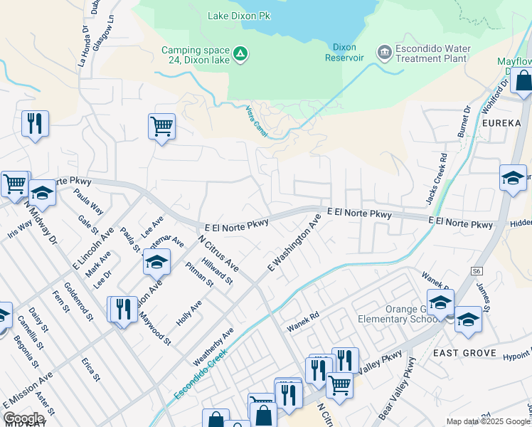map of restaurants, bars, coffee shops, grocery stores, and more near 705 Sungold Way in Escondido