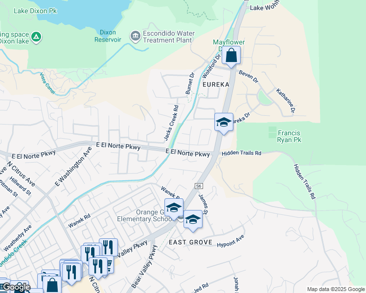 map of restaurants, bars, coffee shops, grocery stores, and more near 2773 Rose Glen Court in Escondido