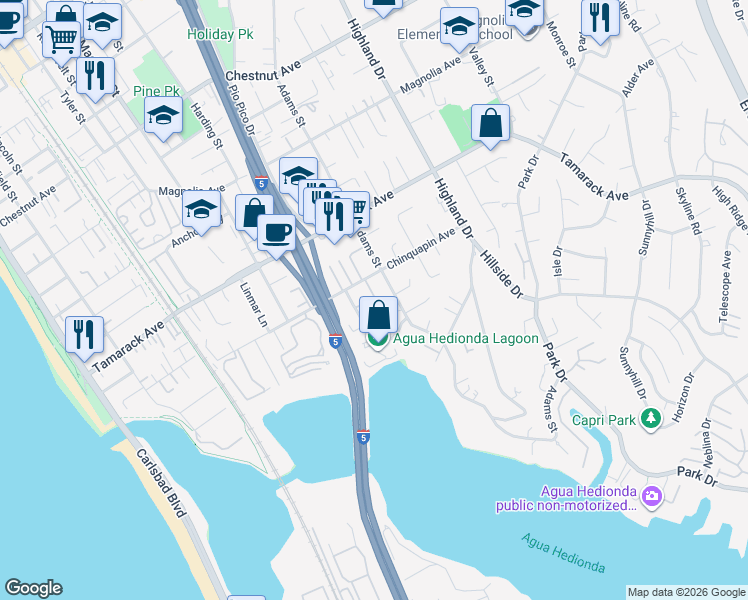 map of restaurants, bars, coffee shops, grocery stores, and more near 4031 Bluff View Way in Carlsbad
