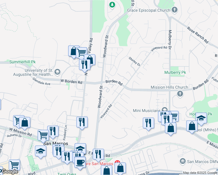 map of restaurants, bars, coffee shops, grocery stores, and more near 320 Rolling Hills Lane in San Marcos