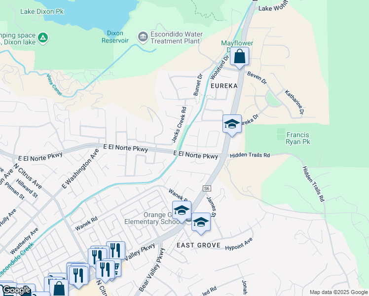 map of restaurants, bars, coffee shops, grocery stores, and more near 2773 Rose Glen Court in Escondido