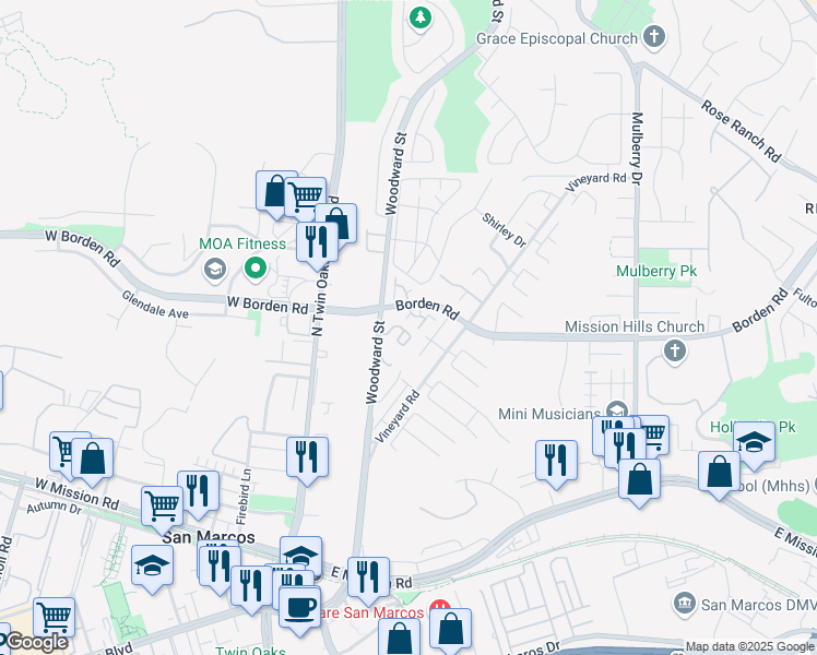 map of restaurants, bars, coffee shops, grocery stores, and more near 320 Rolling Hills Lane in San Marcos
