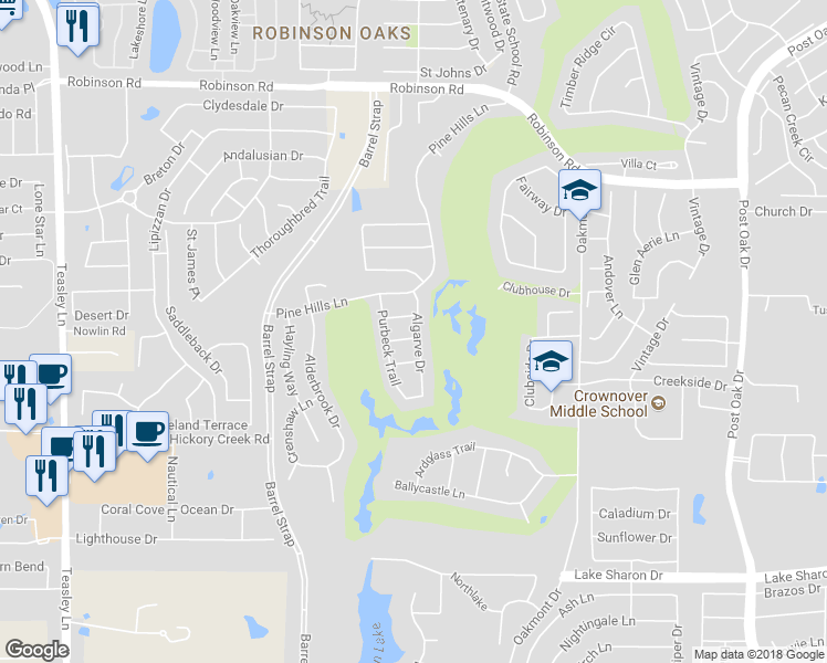map of restaurants, bars, coffee shops, grocery stores, and more near 4005 Pineoak Lane in Denton
