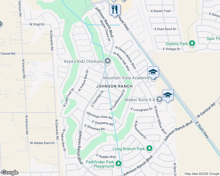 map of restaurants, bars, coffee shops, grocery stores, and more near 346 East Clairidge Drive in Queen Creek