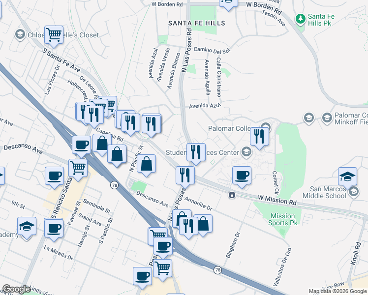 map of restaurants, bars, coffee shops, grocery stores, and more near 401 Lotus Drive in San Marcos