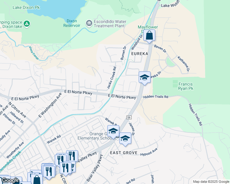 map of restaurants, bars, coffee shops, grocery stores, and more near 2773 Rose Glen Court in Escondido