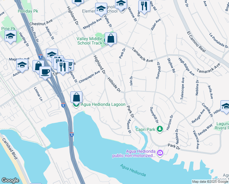 map of restaurants, bars, coffee shops, grocery stores, and more near 4269 Hillside Drive in Carlsbad