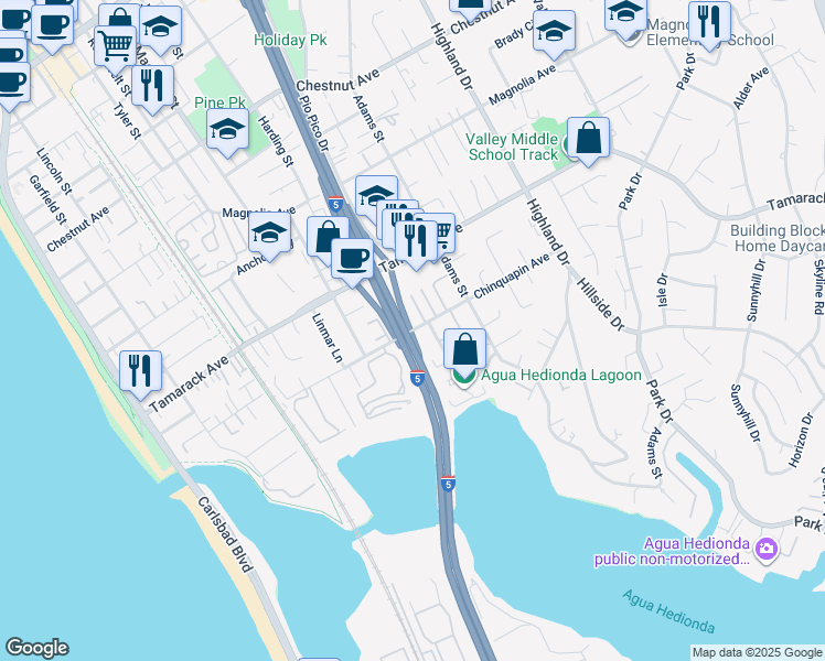 map of restaurants, bars, coffee shops, grocery stores, and more near 1003 Chinquapin Avenue in Carlsbad