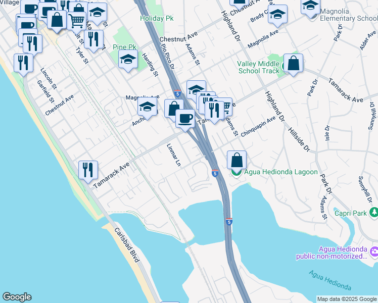 map of restaurants, bars, coffee shops, grocery stores, and more near 3967 Jefferson Street in Carlsbad