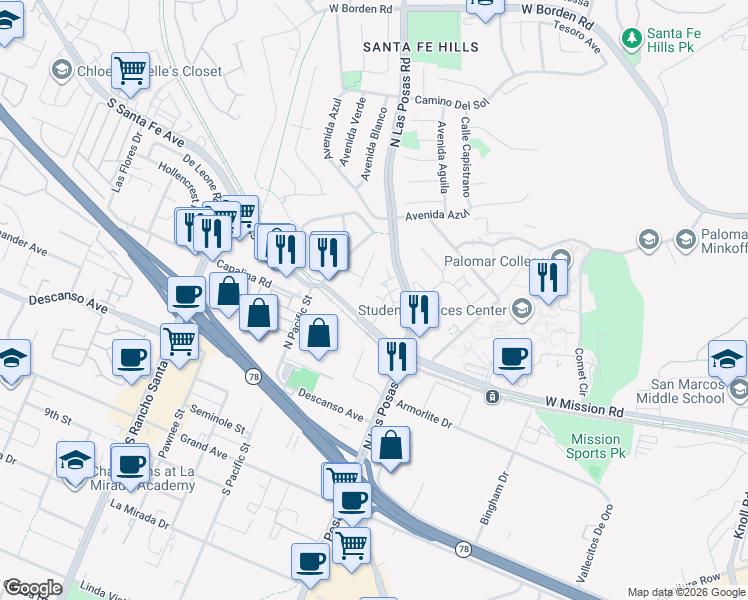 map of restaurants, bars, coffee shops, grocery stores, and more near 2007 Saltbush Drive in San Marcos