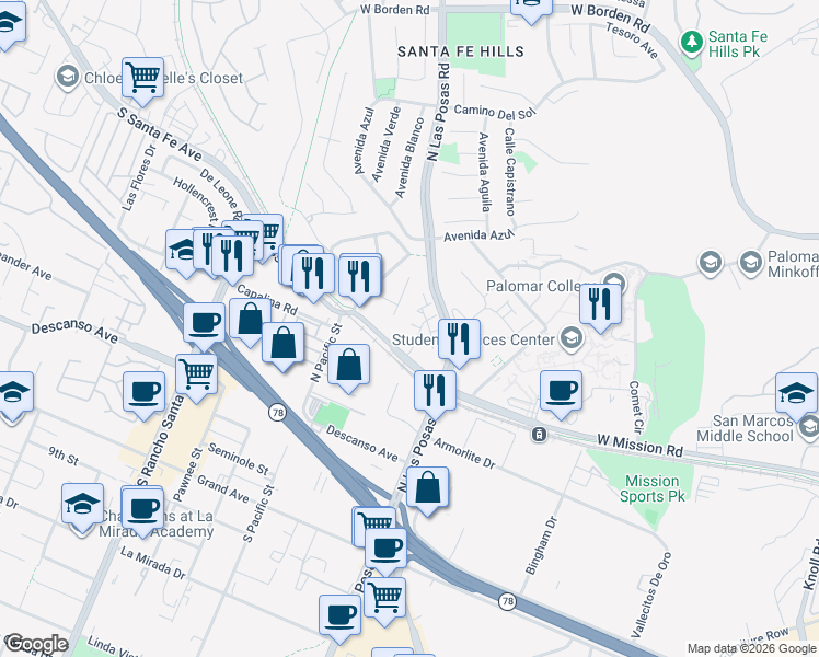 map of restaurants, bars, coffee shops, grocery stores, and more near 2007 Saltbush Drive in San Marcos