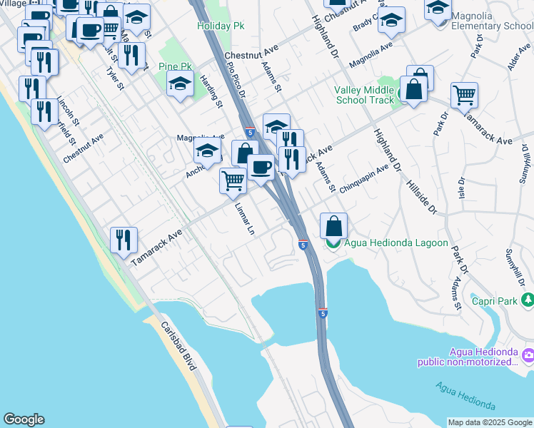 map of restaurants, bars, coffee shops, grocery stores, and more near 3967 Jefferson Street in Carlsbad