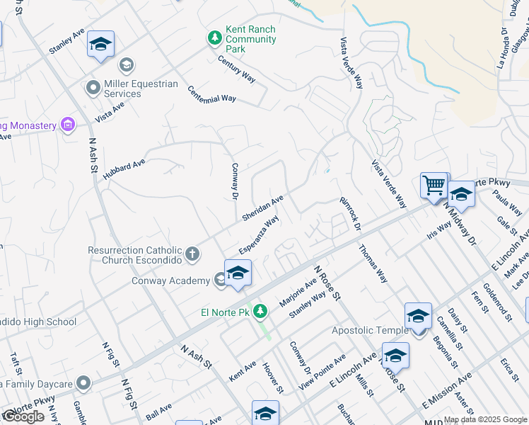 map of restaurants, bars, coffee shops, grocery stores, and more near 1533 Sheridan Avenue in Escondido