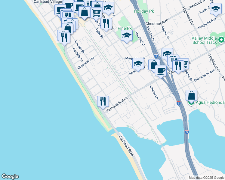 map of restaurants, bars, coffee shops, grocery stores, and more near 320 Redwood Avenue in Carlsbad