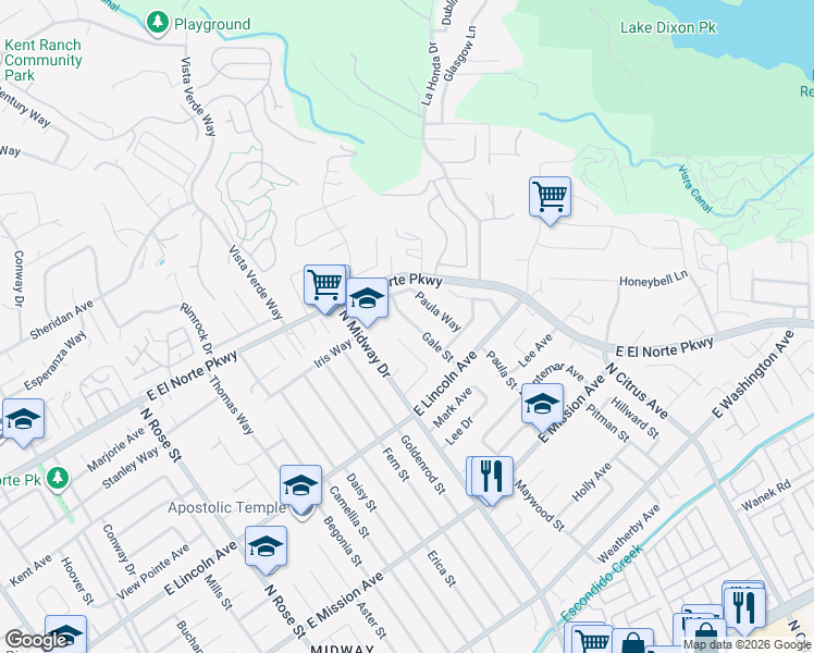 map of restaurants, bars, coffee shops, grocery stores, and more near 1057 Gale Street in Escondido