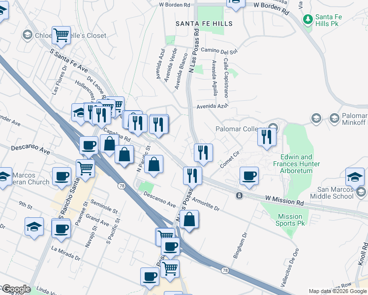 map of restaurants, bars, coffee shops, grocery stores, and more near 2003 Saltbush Drive in San Marcos