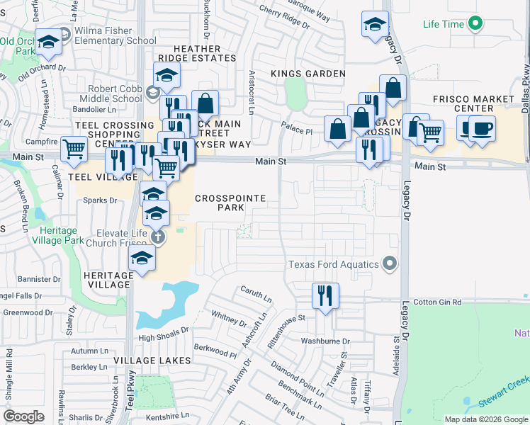 map of restaurants, bars, coffee shops, grocery stores, and more near 3696 Wellesley Avenue in Frisco