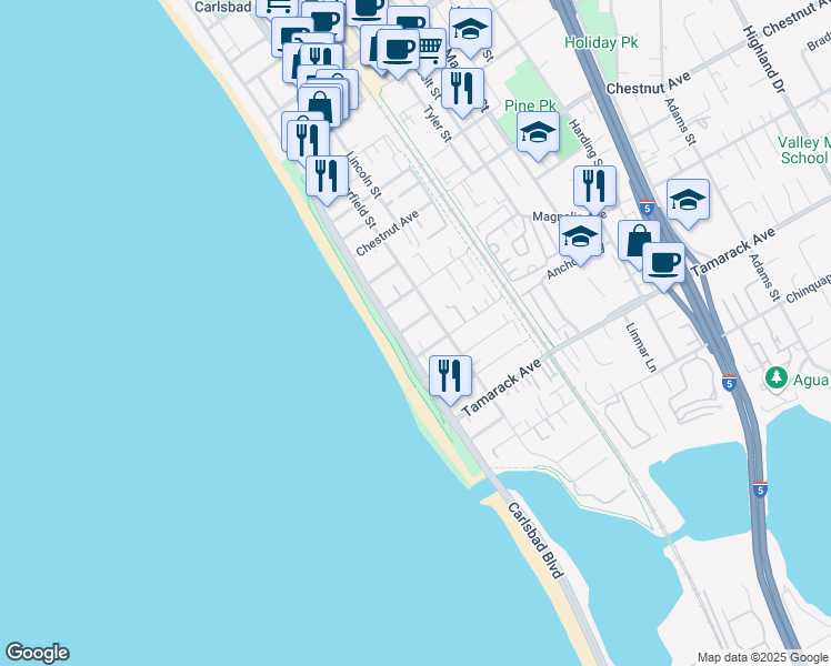 map of restaurants, bars, coffee shops, grocery stores, and more near 141 Cherry Avenue in Carlsbad