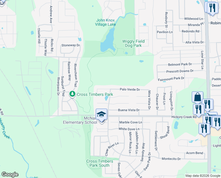map of restaurants, bars, coffee shops, grocery stores, and more near 1204 Palo Verde Drive in Denton