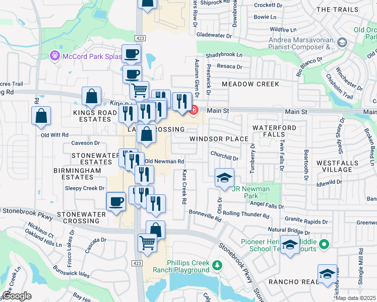 map of restaurants, bars, coffee shops, grocery stores, and more near 643 Kimblewick Drive in Frisco