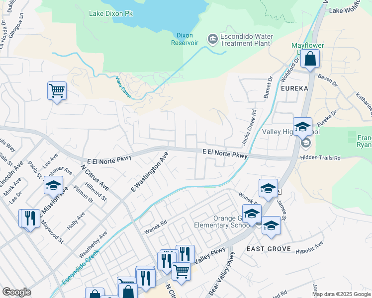 map of restaurants, bars, coffee shops, grocery stores, and more near El Norte Parkway & El Norte Hills Place in Escondido