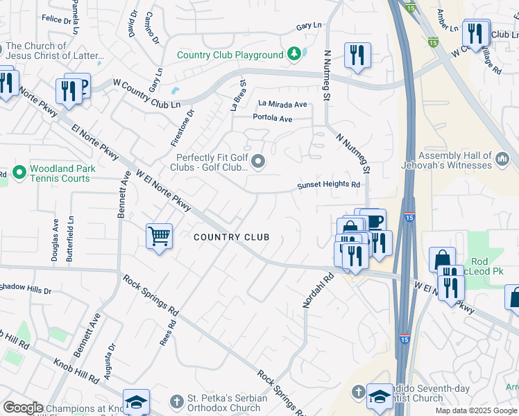 map of restaurants, bars, coffee shops, grocery stores, and more near 1350 Rees Road in Escondido