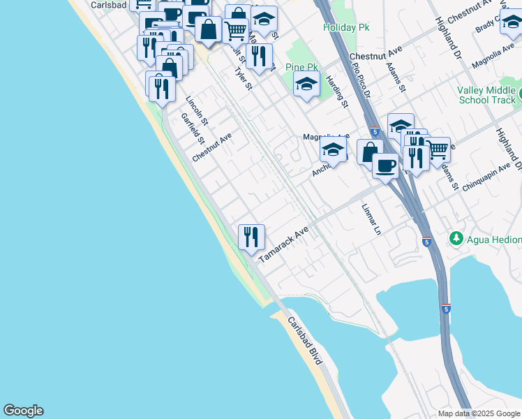 map of restaurants, bars, coffee shops, grocery stores, and more near 3770 Garfield Street in Carlsbad
