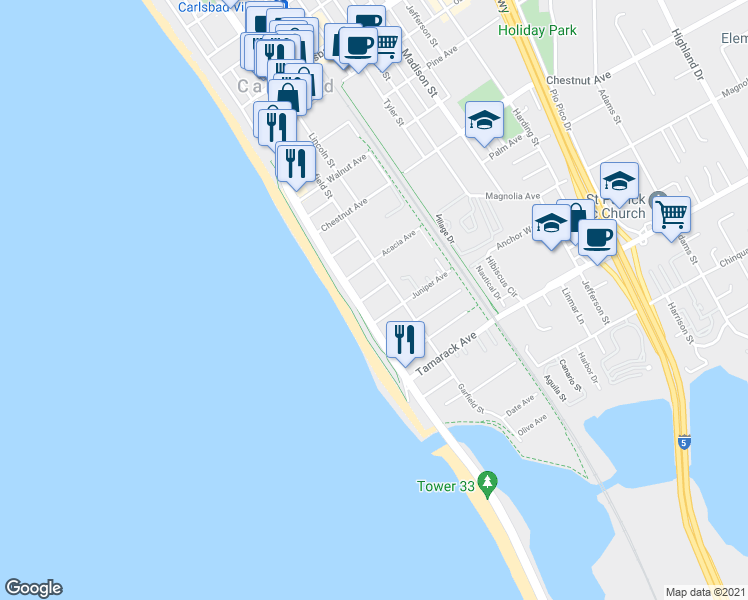 map of restaurants, bars, coffee shops, grocery stores, and more near 138 Juniper Avenue in Carlsbad