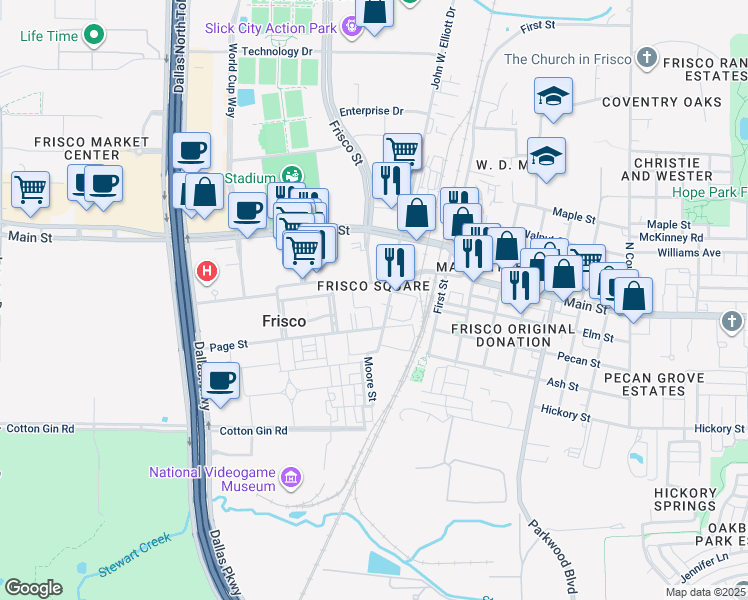 map of restaurants, bars, coffee shops, grocery stores, and more near 8734 Railroad Avenue in Frisco