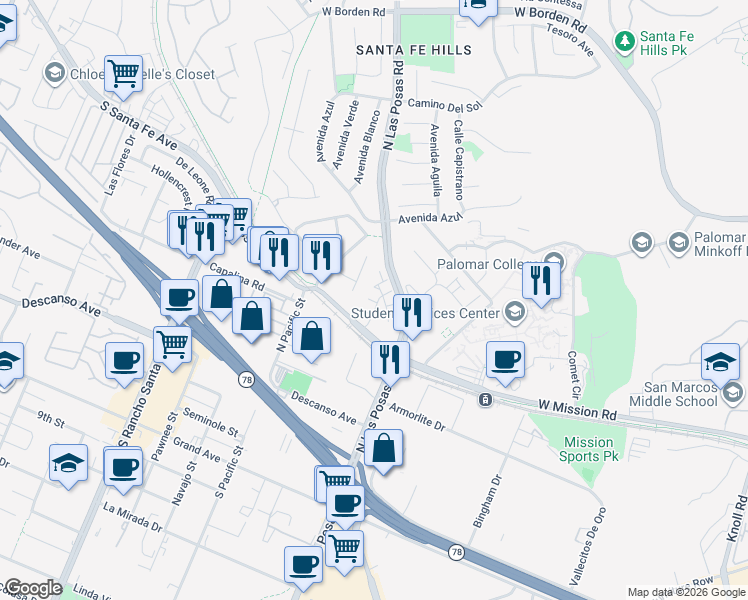 map of restaurants, bars, coffee shops, grocery stores, and more near 1803 Saltbush Drive in San Marcos