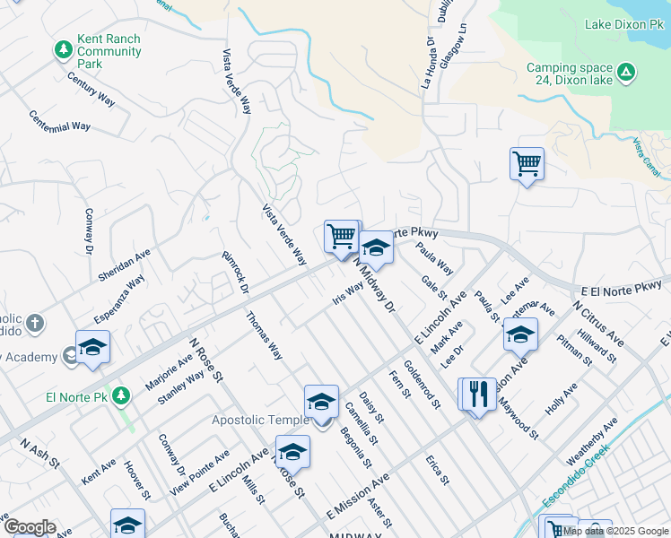 map of restaurants, bars, coffee shops, grocery stores, and more near 1935 East El Norte Parkway in Escondido