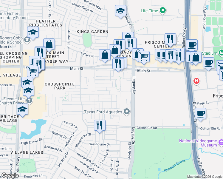 map of restaurants, bars, coffee shops, grocery stores, and more near 4280 Wellesley Avenue in Frisco