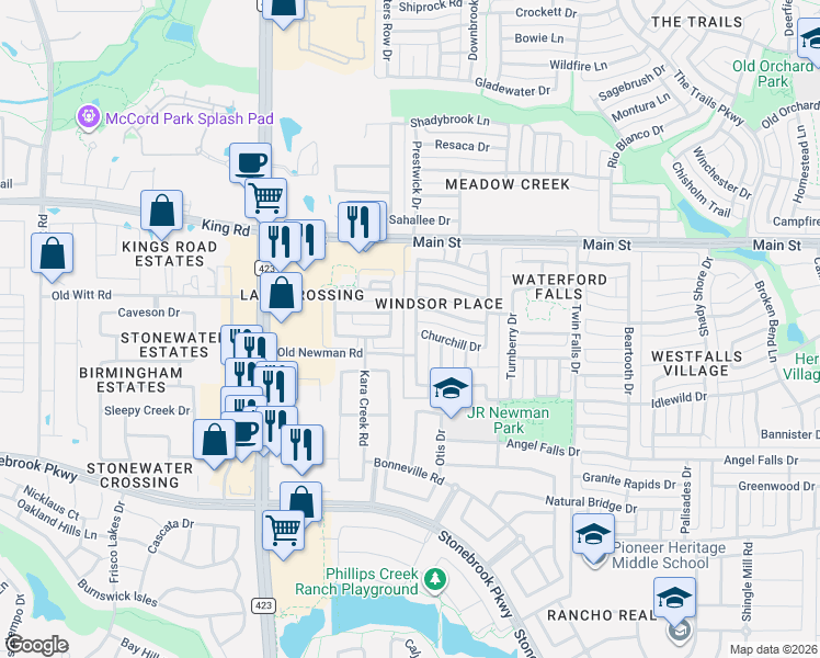 map of restaurants, bars, coffee shops, grocery stores, and more near 8587 Shakespeare Lane in Frisco