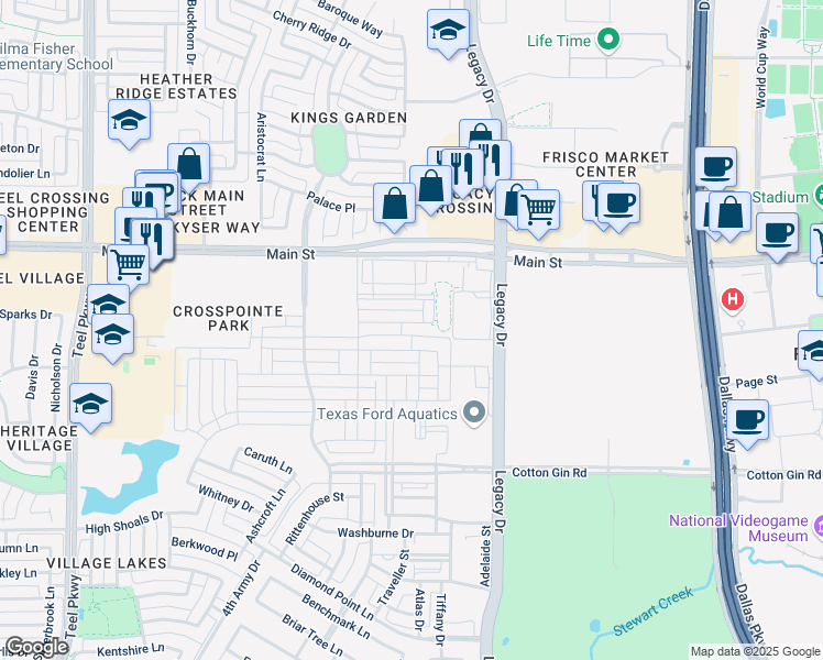 map of restaurants, bars, coffee shops, grocery stores, and more near 4142 Wellesley Avenue in Frisco