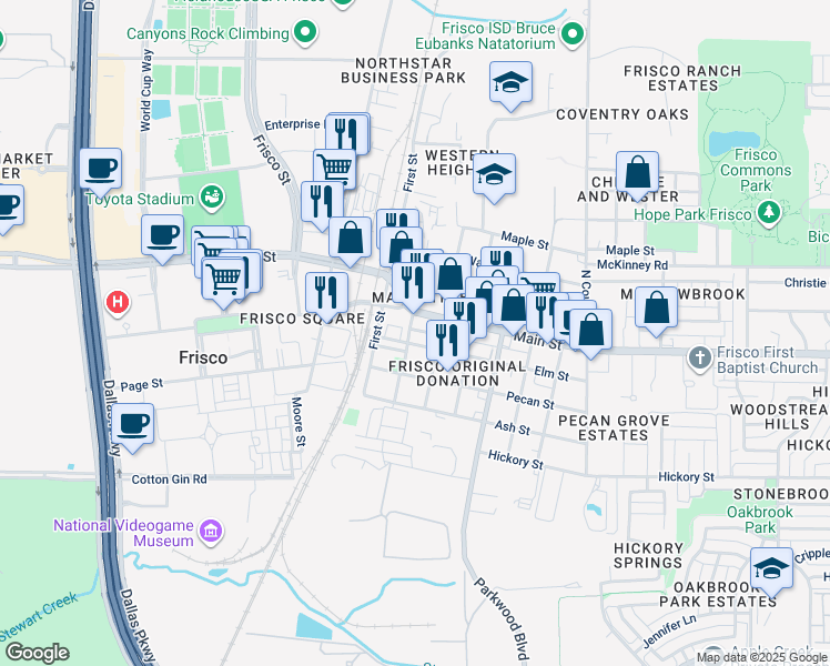 map of restaurants, bars, coffee shops, grocery stores, and more near 6674 Half Elm Street in Frisco