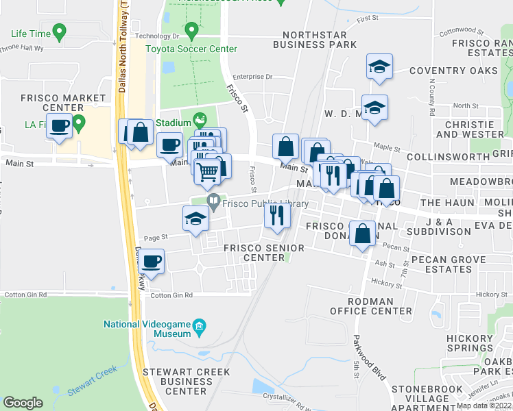 map of restaurants, bars, coffee shops, grocery stores, and more near 8734 Railroad Avenue in Frisco