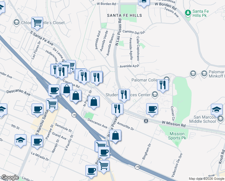 map of restaurants, bars, coffee shops, grocery stores, and more near 1803 Saltbush Drive in San Marcos
