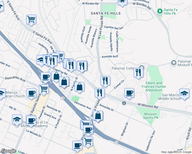 map of restaurants, bars, coffee shops, grocery stores, and more near 1802 Saltbush Drive in San Marcos