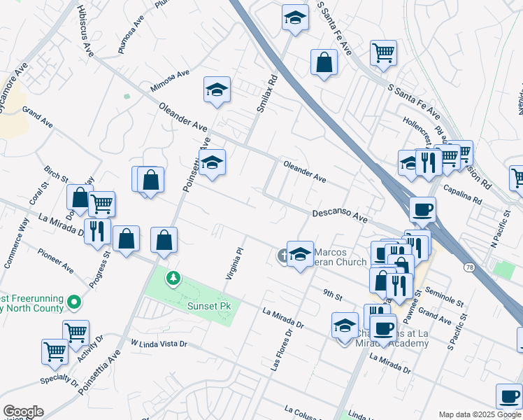 map of restaurants, bars, coffee shops, grocery stores, and more near 634 Avilar Court in San Marcos