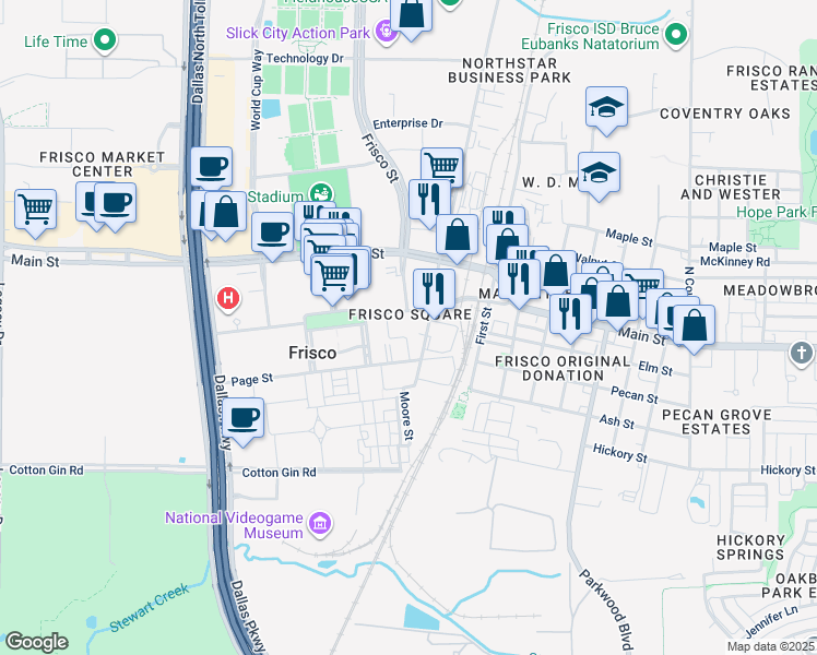 map of restaurants, bars, coffee shops, grocery stores, and more near 6303 Frisco Square Boulevard in Frisco