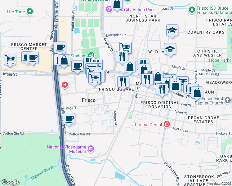 map of restaurants, bars, coffee shops, grocery stores, and more near 6303 Frisco Square Boulevard in Frisco