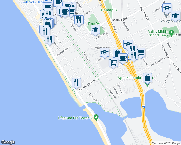 map of restaurants, bars, coffee shops, grocery stores, and more near 320 Redwood Avenue in Carlsbad